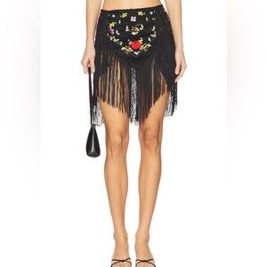 Black Floral Embroidered Fringe Skirt